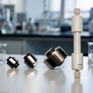Close-up of a white laboratory stand with a beige knob and metal clamps, in a blurred lab background.
